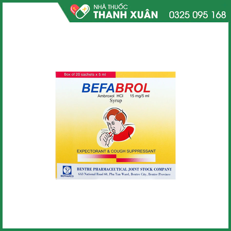 Siro Befabrol 15mg/5ml thuốc điều trị tiêu chất nhầy trong các trường hợp viêm đường hô hấp có kèm tăng tiết chất nhất